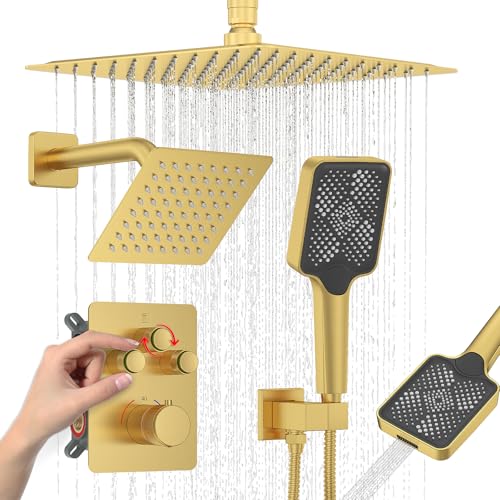 Iriber Thermostatic Shower System with Adjustable Water Flow Push Button Diverter, Square Dual Shower Heads Faucet Set with Handheld Spray, Brushed Gold Shower Mixer Valve Trim Kit (Valve Included) - color: Brushed Gold 05