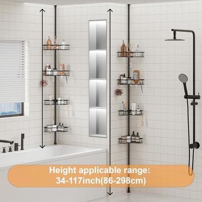 Corner Shower Caddy Tension Pole - 4-Tier Shower Corner Shelf for Bathtub Bathroom Shower Organizer - Adjustable 34in-120in, Space Saving Bathtub Accessory Shelves, Black