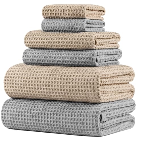 POLYTE 430 GSM Poly Blend Microfiber Quick Dry Waffle Bath Towel Set of 6 | 2-Body Towels, 2-Hand Towels, 2-Wash cloths, Oversize, Lint Free - color: Beige,light Gray