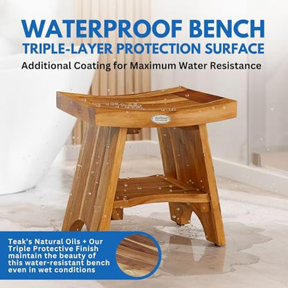 EcoDecors Teak Shower Bench with Shelf 18", 300 lb Capacity – Fully Assembled Waterproof Wood Spa Seating for Adults - Compact Fit for Small Bathrooms & Walk-in Showers - Slip-Resistant Feet - size: 18" shelf fully assembled