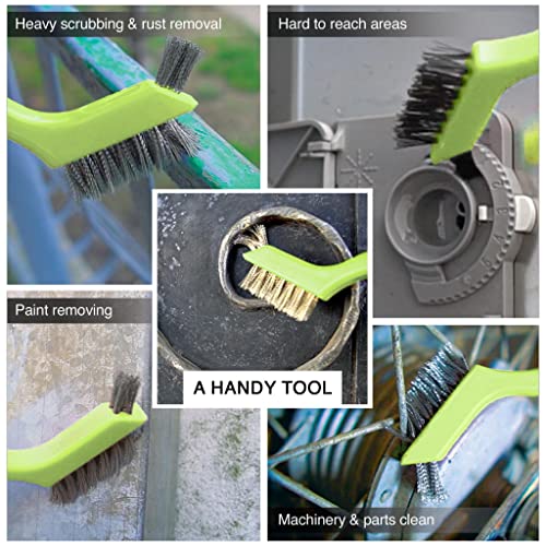 Wire Brush Set 3Pcs - Nylon/Brass/Stainless Steel Bristles with Curved Handle Grip for Rust, Dirt & Paint Scrubbing with Deep Cleaning – 7 Inches (Green) - color: Green