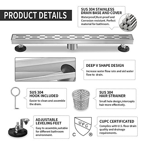 Linear Shower Drain, Brushed Nickel Shower Drain 36 Inch with Removable Grate, SUS-304 Stainless Steel Rectangle Floor Drain with Leveling Feet and Hair Strainer, Bathroom Modern Drain SD-101 - color: Brushed Nickel, size: 36 Inch