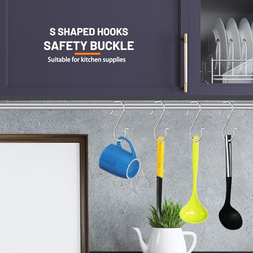 12 PCS S Hooks for Hanging with Safety Buckle, Heavy Duty Metal S Hooks | 3.5 inch S Shaped Hanger Hooks for Hanging Kitchen Utensil, Cups Pots Pan Closet Plants Purse Bags Hats (Silver) - color: Silver