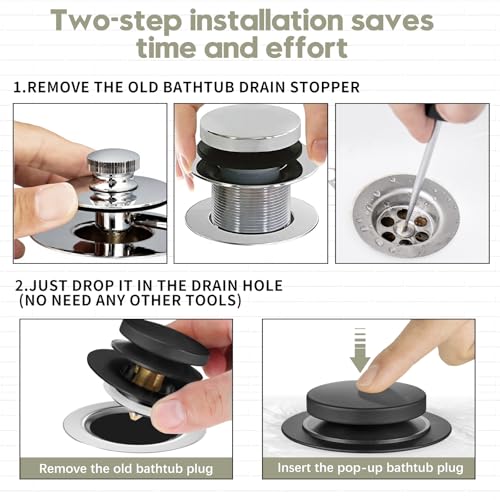 Universal Bathtub Stopper, Pop Up Bath Tub Drain Stoppers, EZ Install Bathtub Drain Replacement Trim Kit, Replaces Lift and Turn, Tip-Toe and Trip Lever Drains for Tub(Black) - color: Matte Black