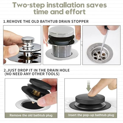 Universal Bathtub Stopper, Pop Up Bath Tub Drain Stoppers, EZ Install Bathtub Drain Replacement Trim Kit, Replaces Lift and Turn, Tip-Toe and Trip Lever Drains for Tub(Black) - color: Matte Black