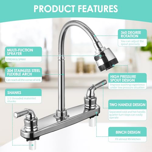 RV Kitchen Faucet Non-Metallic, Flexible Spout for Campers, Motorhomes, Travel Trailers - color: Chrome