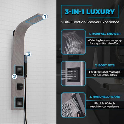 ANZZI Shower Head Panel Tower System | Aura | Grey Marble | 2 Turbo Jetted | Includes Two 2 Fully Adjustable Acu Stream Body Jets, Installation Installs To Existing Water Line, Built To Last