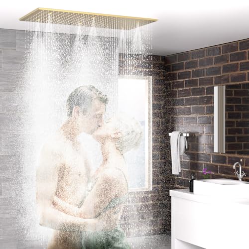 2 Modes Luxury High Pressure Rain Shower Head, 16"x32" Super Large Ceiling Full Body Shower Head with Silicone Nozzles Rectangle Mist Showerhead, Brushed Gold Finish - color: Brushed Gold, style: 2 Modes - Rainfall&Mist