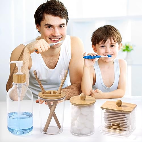 Bamboo Bathroom Accessories Set 4 Pcs - Clear Toothbrush Holder Plastic Soap Dispenser and 2 Qtip Holder Cotton Swab/Pad/Ball Container Jar