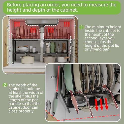 Expandable Under Sink Organizer，Pot and pan Organizer Under Cabinet | Pan Lid Organizer,Expandable Storage shelf with 2 Pan Racks（14 Dividers）and 4 Removable Panels,Adjustable partition height - size: Multi-functional with 2 pot holders