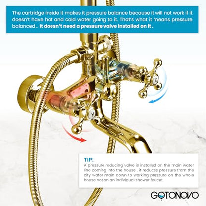 gotonovo Exposed Shower Faucet Set with Tub Spout Polished Gold | Brass Bathroom Shower System,8 Inch Rainfall Head with Handheld Spray and Tub Filler,Adjustable Height,6’’ Hole Distance - color: Bright Gold