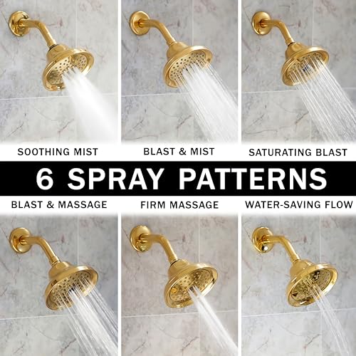 Massage Shower Head With Mist - 1.8 GPM - Polished Brass | High Pressure Boosting, 6 Function Adjustable Massaging Rainfall Showerhead For Low Flow Baths With Water Saving Nozzles - color: Polished Brass, size: 1.8 GPM