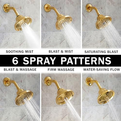 Massage Shower Head With Mist - 1.8 GPM - Polished Brass | High Pressure Boosting, 6 Function Adjustable Massaging Rainfall Showerhead For Low Flow Baths With Water Saving Nozzles - color: Polished Brass, size: 1.8 GPM