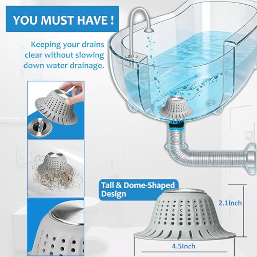 Hair Catcher Shower Drain,Bathtub Drain Hair Catcher, Covering Bathroom Sink Drain Strainer, Bathtub Protector for Pop-Up & Flat Bath Tub Drain Stoppers,Hair Trap for Shower Drain Effectively (Grey)