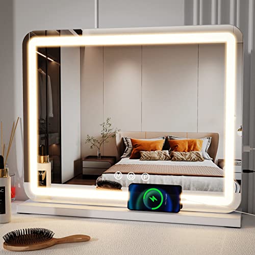 ZL ZELing Vanity Mirror with Lights, 23 Inch Large Makeup Mirror with LED Lights, Smart Touch Dimmable 3-Color Light, Memory Function, USB Charging Port, and Magnifying Glass - color: White- Led Light