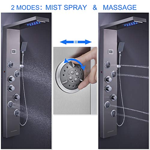 6-in-1 LED Shower Panel Tower System Stainless Steel Brushed Nickel | Rainfall + waterfall head | Massage jets | Handheld shower | Tub spout | LED display | Wall mount - color: Brushed Nickel