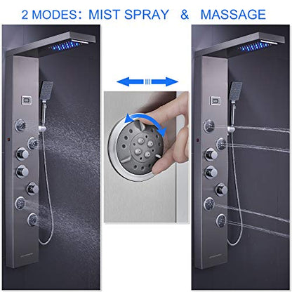 6-in-1 LED Shower Panel Tower System Stainless Steel Brushed Nickel | Rainfall + waterfall head | Massage jets | Handheld shower | Tub spout | LED display | Wall mount - color: Brushed Nickel