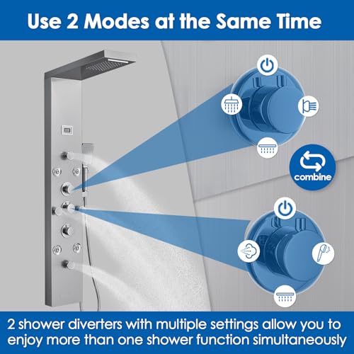 ROVOGO Shower Panel Tower System with 6 Shower Modes, Simultaneous Function | Rainfall Waterfall Shower Head, 2-Type Body Jets, Handheld, Tub Spout, Battery Powered Temp Display, Stainless Steel, Brushed