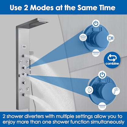 ROVOGO Shower Panel Tower System with 6 Shower Modes, Simultaneous Function | Rainfall Waterfall Shower Head, 2-Type Body Jets, Handheld, Tub Spout, Battery Powered Temp Display, Stainless Steel, Brushed