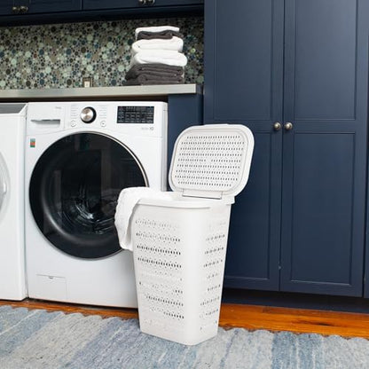 Mind Reader Slim Tapered Laundry Hamper with Lid, Clothes Basket with Swiss Cross Cut-Outs, Lightweight & Ventilated, Plastic, 16.75"L x 12.75"W x 23"H, White - color: White