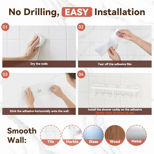 Shower Caddy Adhesive, Rustproof Shower Organizer, Wall Shower Rack | Large Capacity Shower Shelf for Inside Shower, No Drill Shower Storage, Shampoo Shower Holder, White, 2 Caddies - color: White