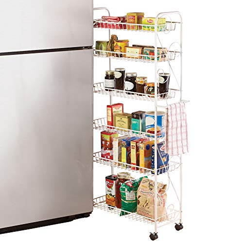 Collections Etc Slim Rolling Pantry 6-Tier Shelf, White Metal with Elegant Scroll Design Accent - Extra Kitchen and Bathroom Storage, 10" - size: 10"