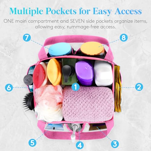 Lifewit Mesh Shower Caddy Portable for College Dorm Room Essentials with 7 Pockets, Freestanding Hanging Organizer Basket, Quick Dry Tote Bag for Camping, Bathroom, Beach, Travel, 1 Pack, Pink | 2 Handles, Freestanding, Quick Dry Tote Bag, 7 Pockets, for