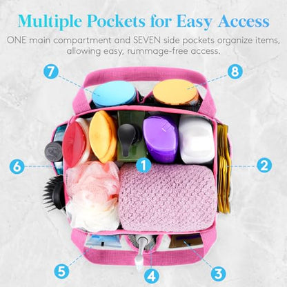 Lifewit Mesh Shower Caddy Portable for College Dorm Room Essentials with 7 Pockets, Freestanding Hanging Organizer Basket, Quick Dry Tote Bag for Camping, Bathroom, Beach, Travel, 1 Pack, Pink | 2 Handles, Freestanding, Quick Dry Tote Bag, 7 Pockets, for