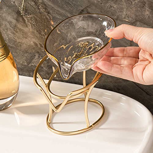 Self Draining Soap Holder Clear Plastic Soap Dish Soap Tray with Gold Iron Frame for Home Bathroom Shower Kitchen, 1 Piece