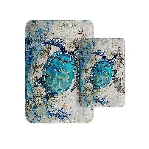 Britimes Blue Turtle Bathroom Rug Mat Set of 2, Ocean Nautical Starfish Washable Cover Floor Rug Carpets Floor Bath Mat Bathroom Decorations 16x24 and 20x32 Inches - color: Sea Blue Turtle
