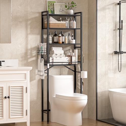 Over-The-Toilet Storage Rack, 4-Tier Bathroom Organizer Shelf Over Toilet with Adjustable Shelf and Basket, Freestanding Space Saver Bathroom Shelves Above Toilet for Room(Black) - color: Black