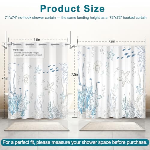 Coastal No Hook Shower Curtain with Snap in Liner, Double-Layer Waterproof Fabric Cloth Shower Curtains with Ventilation Window, Ocean Minimalist Undersea Starfish Blue Shower Curtain, 71x74 Inches - color: Dreamy Ocean World