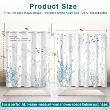 Coastal No Hook Shower Curtain with Snap in Liner, Double-Layer Waterproof Fabric Cloth Shower Curtains with Ventilation Window, Ocean Minimalist Undersea Starfish Blue Shower Curtain, 71x74 Inches - color: Dreamy Ocean World