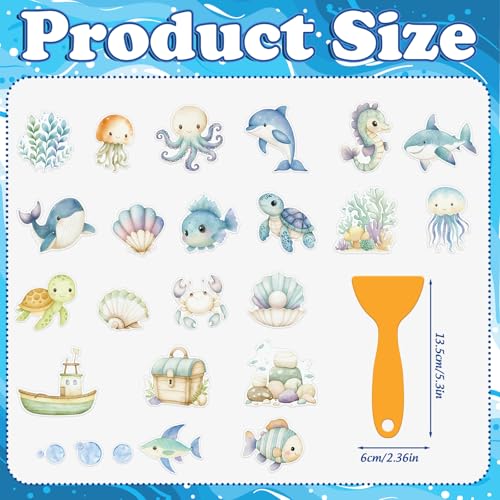 Whaline 24Pcs Ocean Animal Bathtub Non Slip Stickers Cute Sea Creature Anti Slip Adhesive Shower Decals with Scraper for Summer Bathroom Shower Floor Stairs Decor
