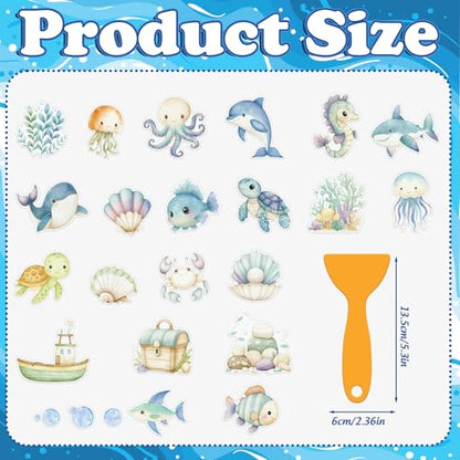 Whaline 24Pcs Ocean Animal Bathtub Non Slip Stickers Cute Sea Creature Anti Slip Adhesive Shower Decals with Scraper for Summer Bathroom Shower Floor Stairs Decor