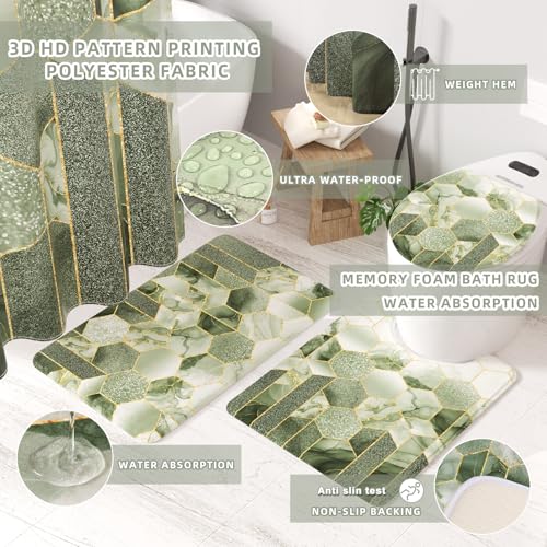 XLHOMO Bathroom Set - 26PC Bathroom Set with Shower Curtain and Rugs, Bathroom Accessory Set, Sage Green Bathroom Accessories Set, Trash Can & Soap Dispenser - style: Sage Green&Gold