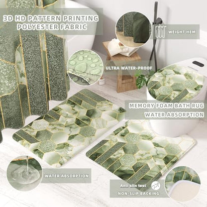 XLHOMO Bathroom Set - 26PC Bathroom Set with Shower Curtain and Rugs, Bathroom Accessory Set, Sage Green Bathroom Accessories Set, Trash Can & Soap Dispenser - style: Sage Green&Gold