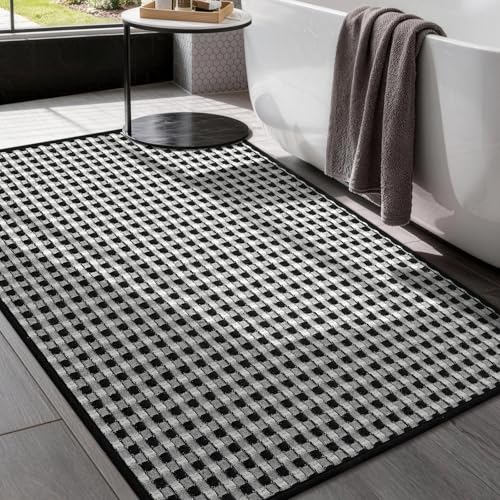YIHOUSE Bathroom Rugs 24" x 36", Ultra Thin Checkered Weave Bath Mat - Soft Absorbent Quick Dry Bath Mat, Machine Washable Non Slip Bath Rugs for Bathroom, Shower & Tub, Black White - color: Black White, size: 24"x36"