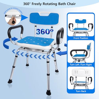 Swivel Shower Chair with Handle 500lbs Capacity Adjustable Arms & Back | 360° Swivel, 5-Level Height Adjust, Non-Slip Feet, Tool-Free Assembly With Extra Suction Bath Grab Bar - size: Blue Set