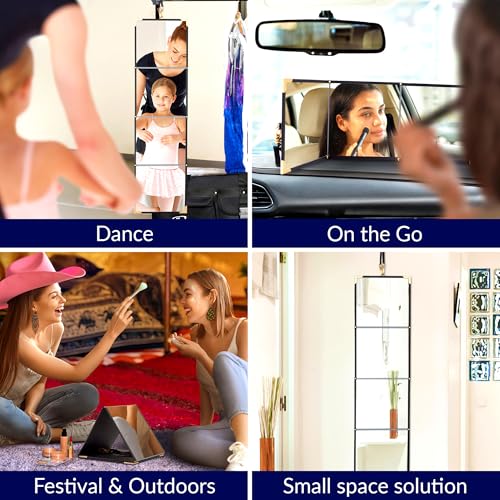 Real Glass Foldable Full-Length Travel Mirror, Portable, Folds 9x8in | Opens to 32in, Crystal-clear, No warping, Vegan-leather, Hook + strap, Hotels, Dorms, RVs, Camping, Small spaces, Gift box
