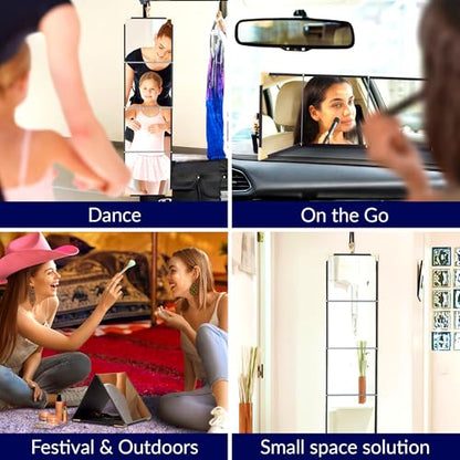 Real Glass Foldable Full-Length Travel Mirror, Portable, Folds 9x8in | Opens to 32in, Crystal-clear, No warping, Vegan-leather, Hook + strap, Hotels, Dorms, RVs, Camping, Small spaces, Gift box