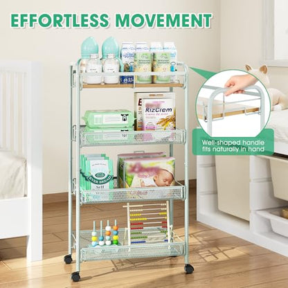 TOOLF 4-Tier Rolling Cart, Metal Utility Cart, Slide Out Storage Cart with Wooden Tabletop and Mesh Baskets for Narrow Space on Kitchen Bathroom Laundry Room Bedroom Apartments Dormitory (Green, Wide) - size: Wide, style: Green