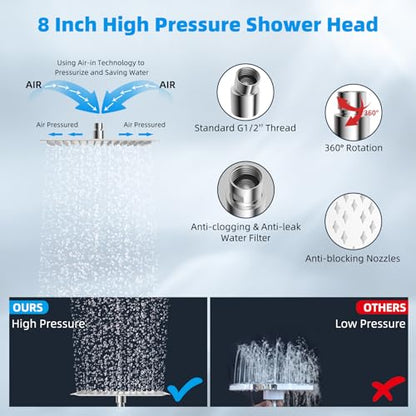 Hibbent All Metal 8'' Rain Shower Head with 16'' Extension Arm, Chrome | cUPC Certified High Pressure Rainfall Showerhead with Solid Brass Adjustable Shower Head Extension Arm, Fixed Showerheads - color: Chrome, style: Square 8''