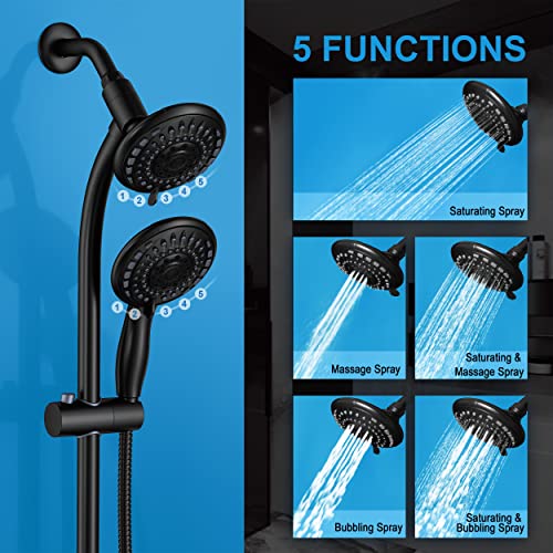 Handheld Showerhead & Rain Shower Combo for Easy Reach, 27.5" Drill-free Stainless Steel Slide Bar, 5”of 5-setting Handheld Shower and Showerhead, with 5ft Hose - Black - color: Black