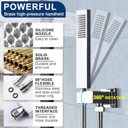 Thermostatic Shower System Dual Shower Heads with 16" Ceiling Mounted Rain Shower Head & 8" Wall Mounted Head 4 Function Full Body Luxury Shower System Can All Run Together, Polished Chrome - color: Polished Chrome
