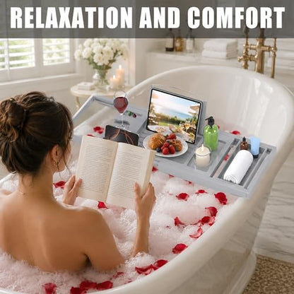 Artmeer Foldable Bamboo Bathtub Caddy Tray Expandable Bath Table for Tub with Cup Holder Book Stand and Bathroom Organizer, Gray