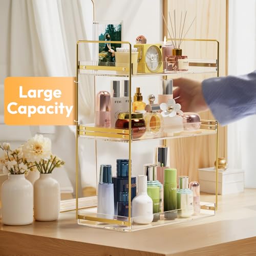 Bathroom Countertop Organizer, 3 Tier Acrylic Tray Vanity Counter Skincare Organizer Shelf, Kitchen Under Sink Standing Rack, Home Storage Holder for Lotion Makeup Cosmetics Perfume Spice, Gold | Kitchen Under Sink Standing Rack, Home Storage Holder for L
