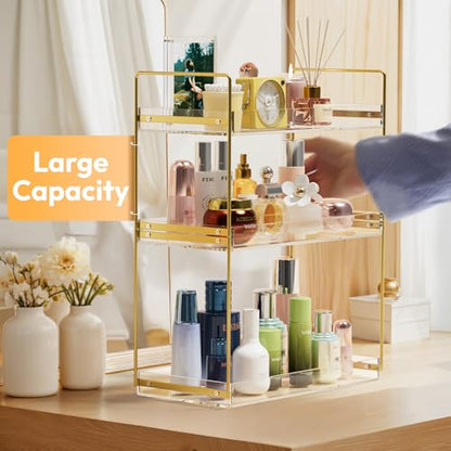Bathroom Countertop Organizer, 3 Tier Acrylic Tray Vanity Counter Skincare Organizer Shelf, Kitchen Under Sink Standing Rack, Home Storage Holder for Lotion Makeup Cosmetics Perfume Spice, Gold | Kitchen Under Sink Standing Rack, Home Storage Holder for L