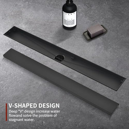 Linear Shower Drain ，with Tile Insert Panels ，12 Inch Black 304 Stainless Steel Rectangle Shower Floor Drain，with Hair Catcher, Adjustable Feet，Fits Bathroom, Balcony - color: Matte Black, size: 12inch