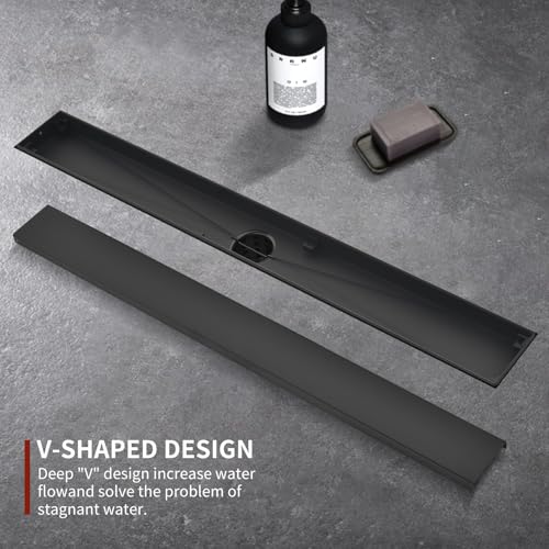 Linear Shower Drain ，with Tile Insert Panels ，32 Inch Black 304 Stainless Steel Rectangle Shower Floor Drain，with Hair Catcher, Adjustable Feet，Fits Bathroom, Balcony - color: Matte Black, size: 32inch